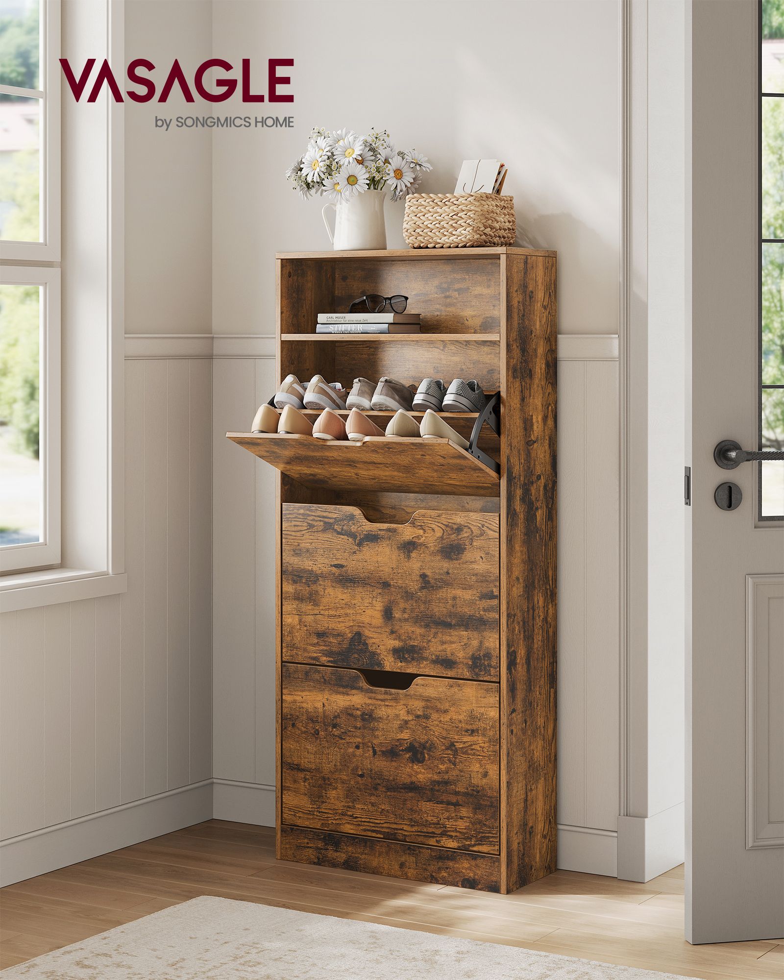 4-Tier Shoe Cabinet – Wood – Rustic Brown – Adjustable and Removable Divider