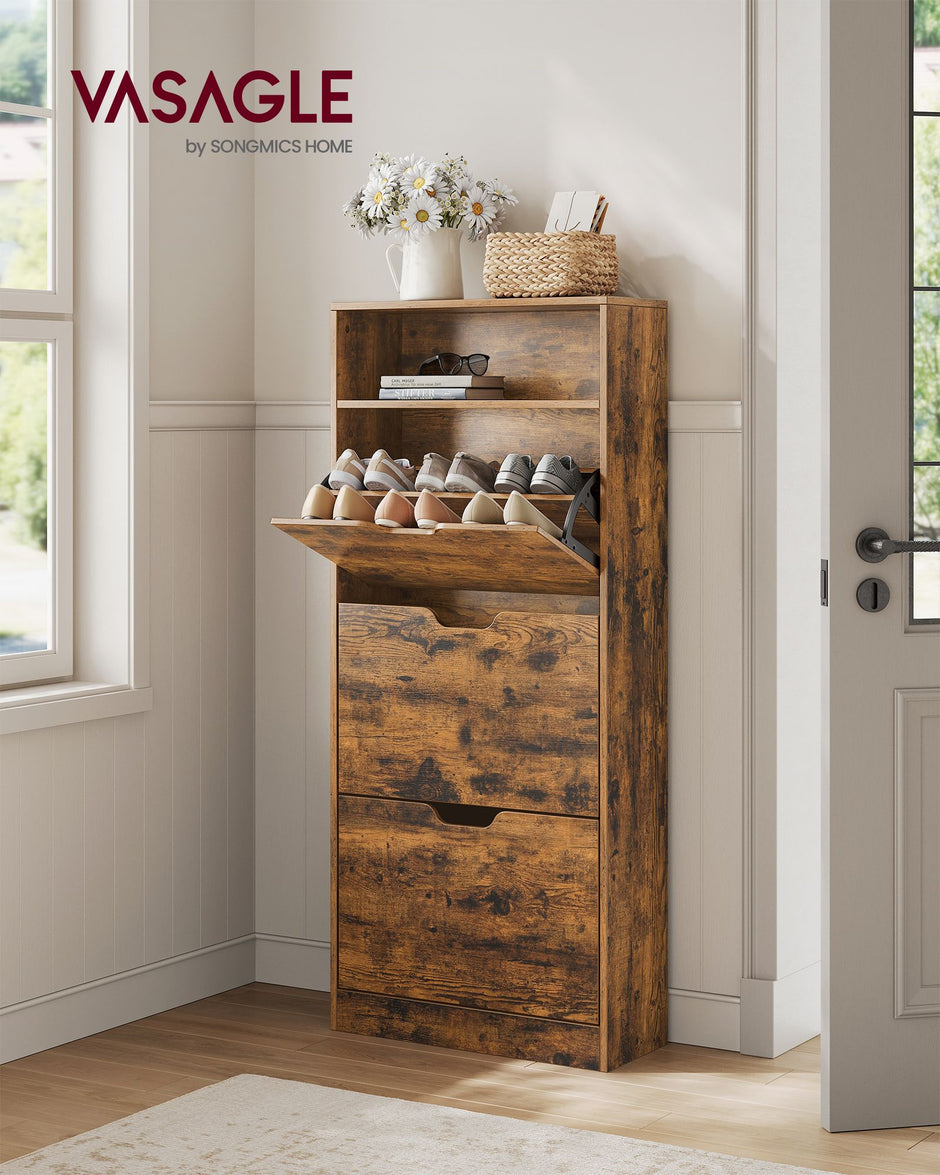 4-Tier Shoe Cabinet – Wood – Rustic Brown – Adjustable and Removable Divider