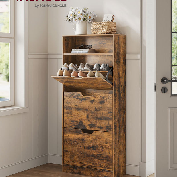 4-Tier Shoe Cabinet – Wood – Rustic Brown – Adjustable and Removable Divider