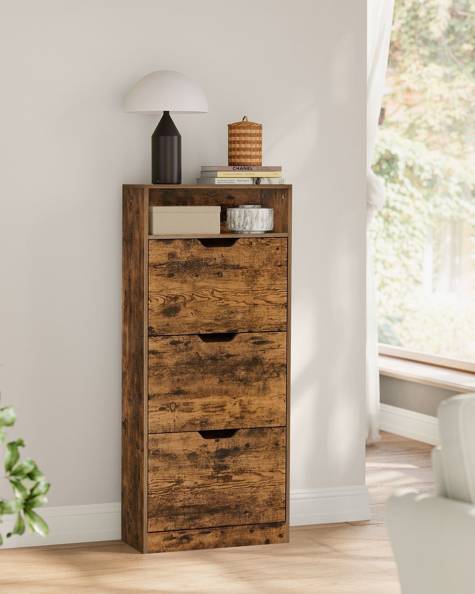 4-Tier Shoe Cabinet – Wood – Rustic Brown – Adjustable and Removable Divider