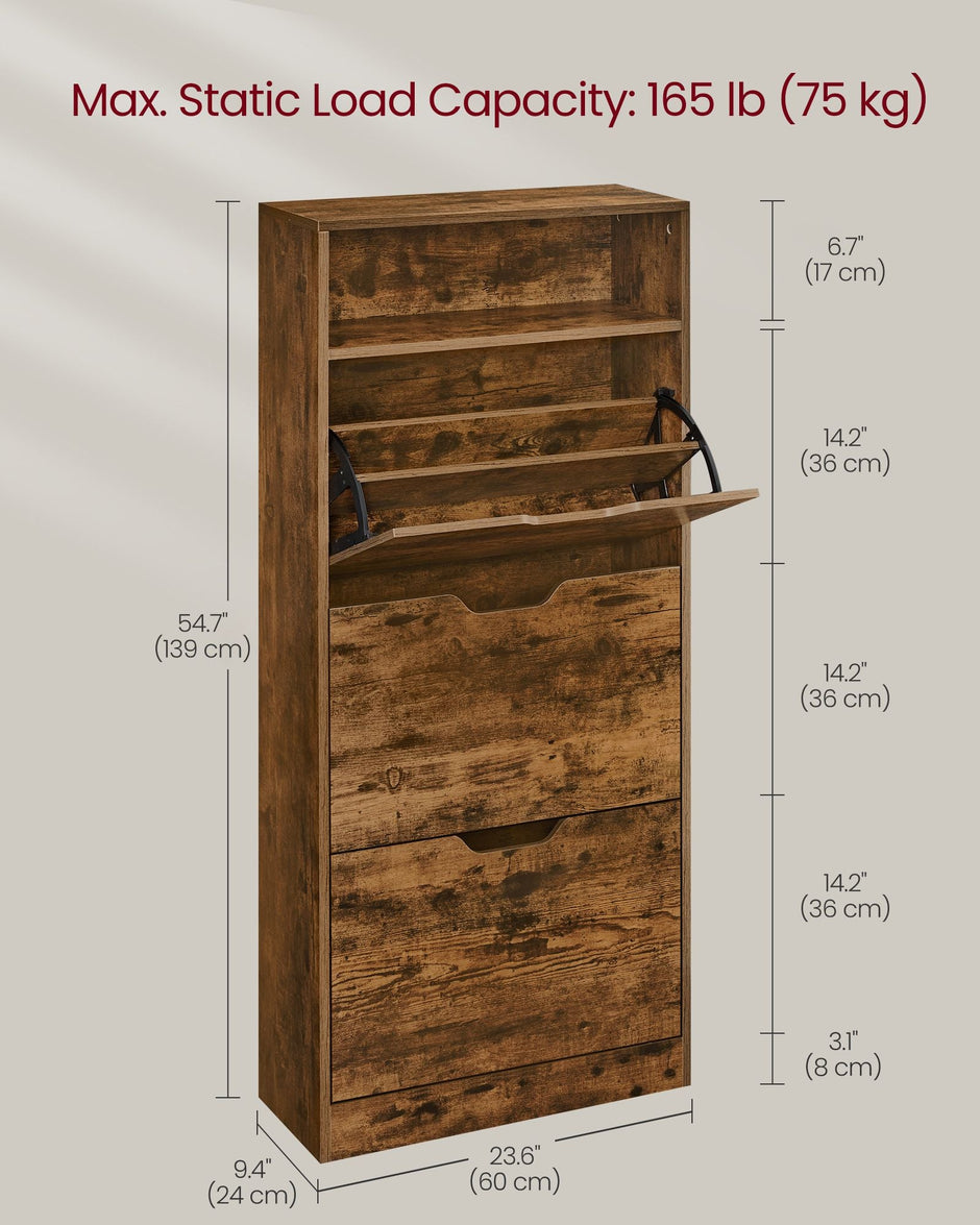 4-Tier Shoe Cabinet – Wood – Rustic Brown – Adjustable and Removable Divider