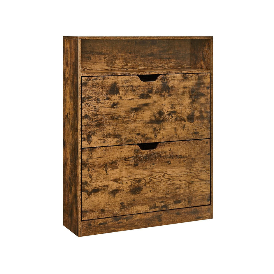 Shoe Cabinet – Melamine Veneer – Rustic Brown – 3-Tier with Open Shelf and Flaps