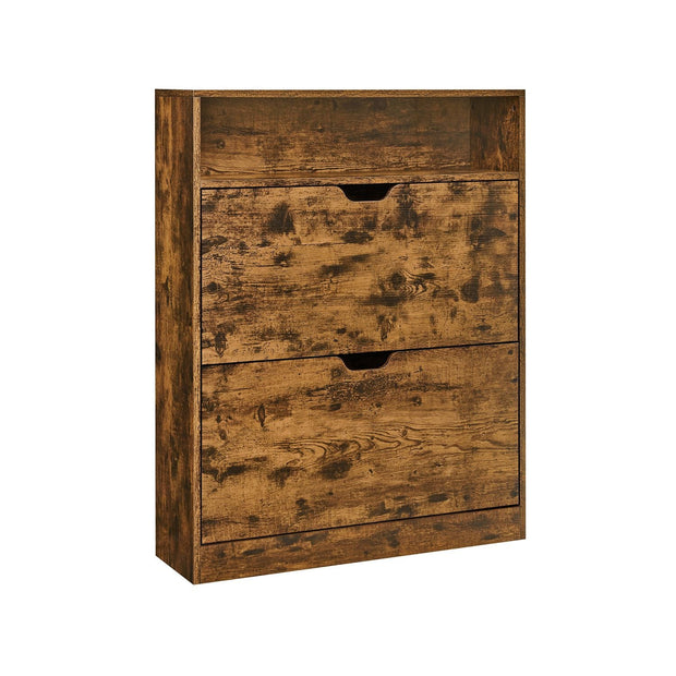 Shoe Cabinet – Melamine Veneer – Rustic Brown – 3-Tier with Open Shelf and Flaps