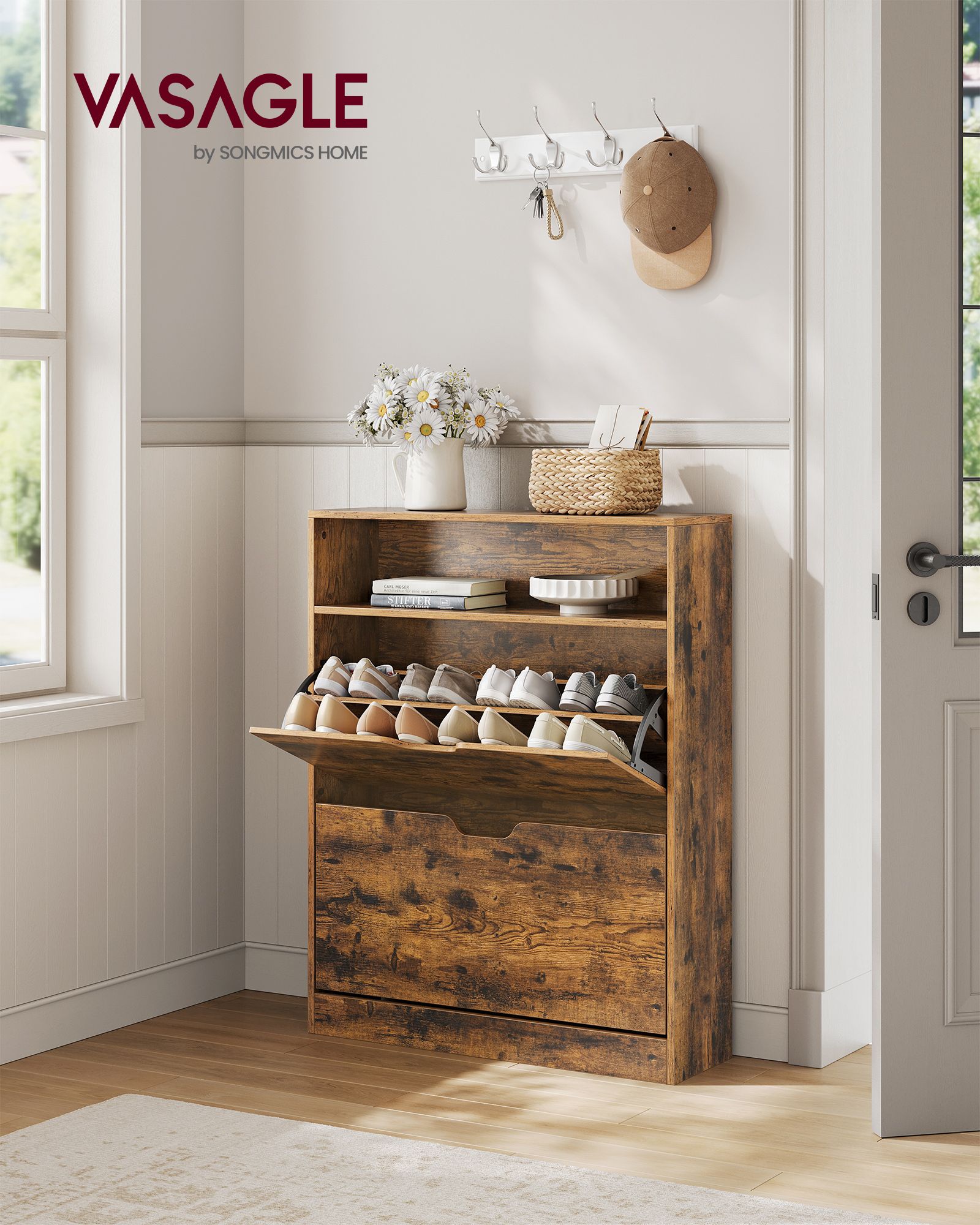Shoe Cabinet – Melamine Veneer – Rustic Brown – 3-Tier with Open Shelf and Flaps