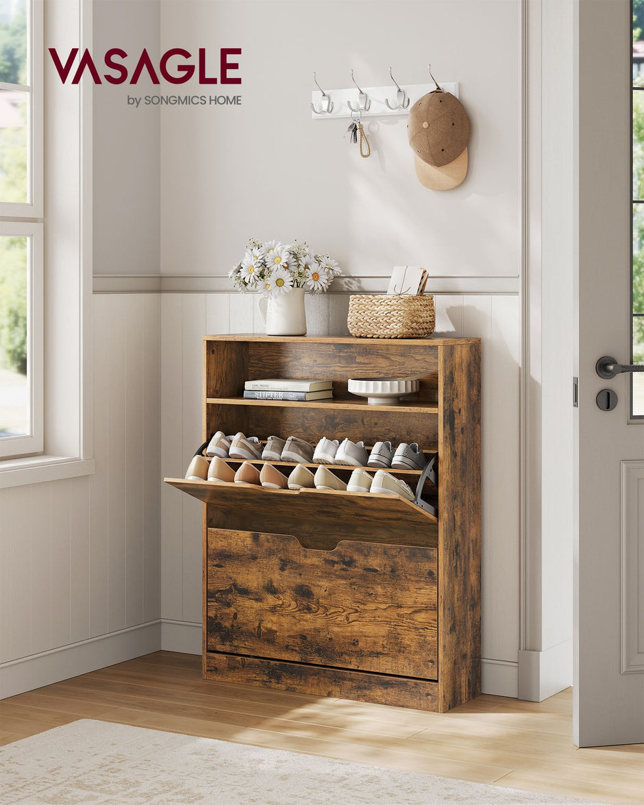 Shoe Cabinet – Melamine Veneer – Rustic Brown – 3-Tier with Open Shelf and Flaps
