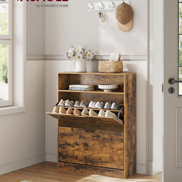 Shoe Cabinet – Melamine Veneer – Rustic Brown – 3-Tier with Open Shelf and Flaps