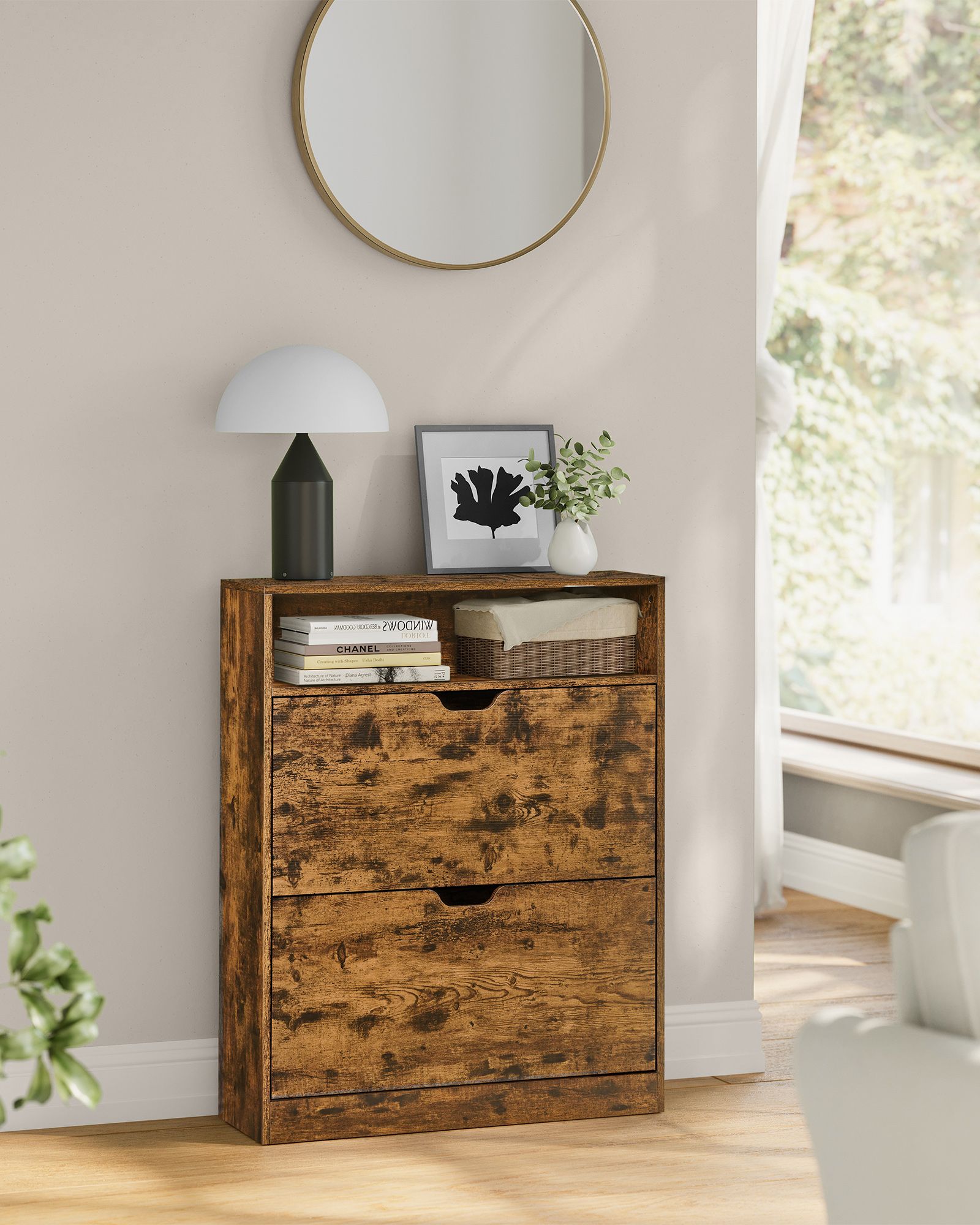 Shoe Cabinet – Melamine Veneer – Rustic Brown – 3-Tier with Open Shelf and Flaps