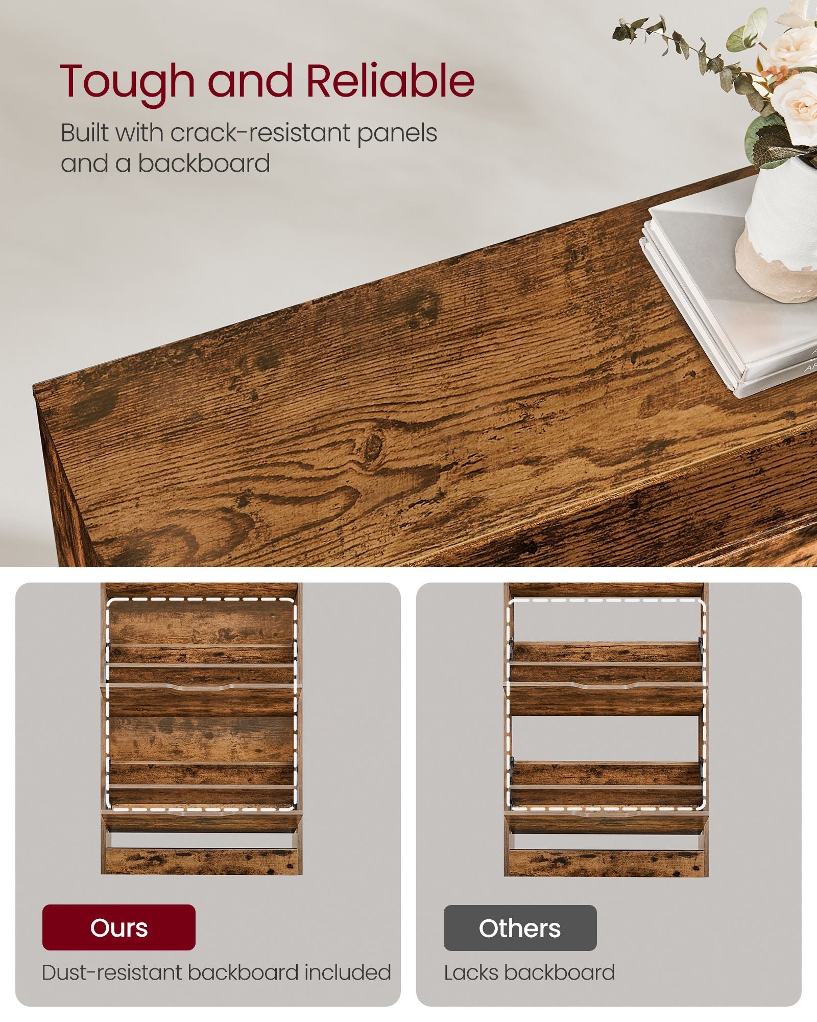Shoe Cabinet – Melamine Veneer – Rustic Brown – 3-Tier with Open Shelf and Flaps