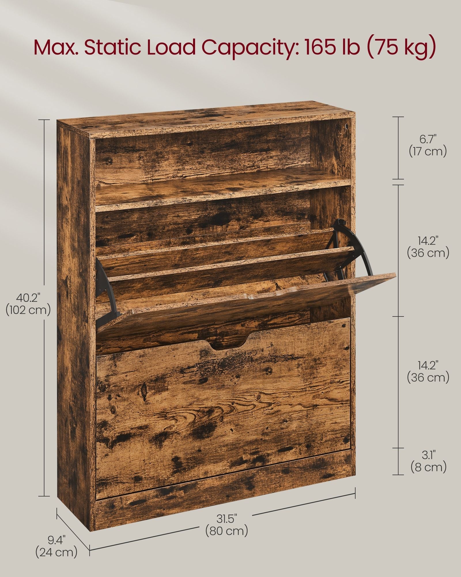 Shoe Cabinet – Melamine Veneer – Rustic Brown – 3-Tier with Open Shelf and Flaps