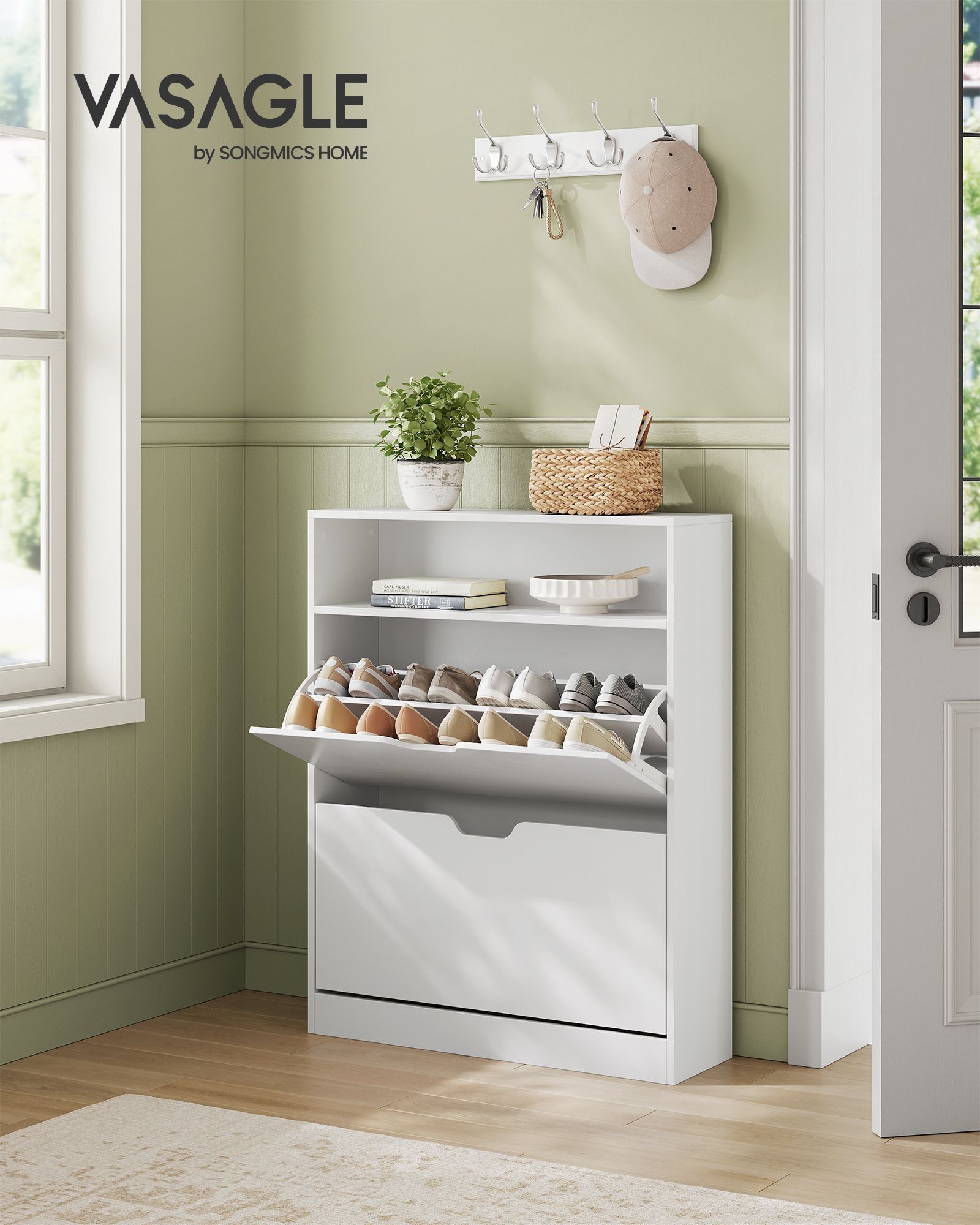 3-Tier Shoe Cabinet – Melamine Veneer – Cloud White – Easy to Clean with Open Shelf