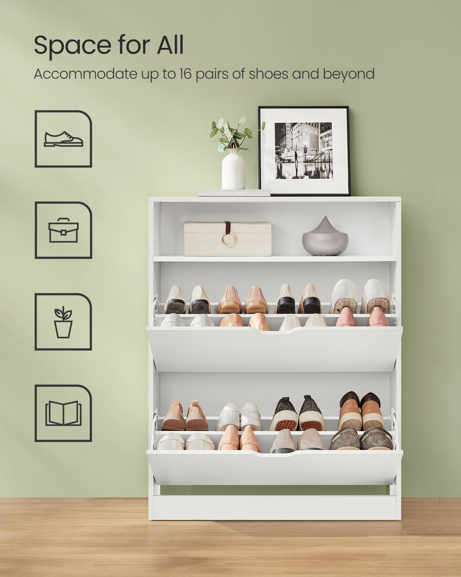 3-Tier Shoe Cabinet – Melamine Veneer – Cloud White – Easy to Clean with Open Shelf
