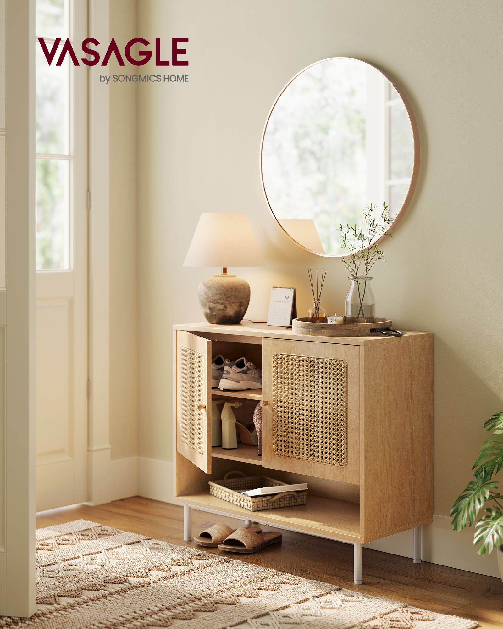 3-Tier Shoe Cabinet – Wood – Oak Beige – Boho Style