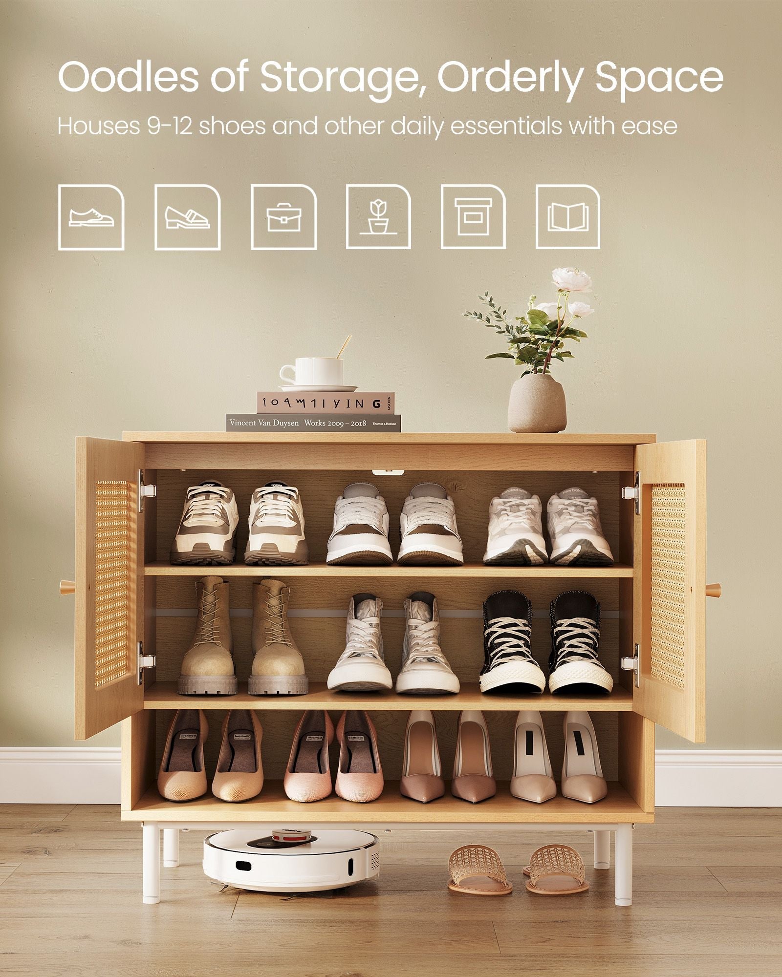 3-Tier Shoe Cabinet – Wood – Oak Beige – Boho Style
