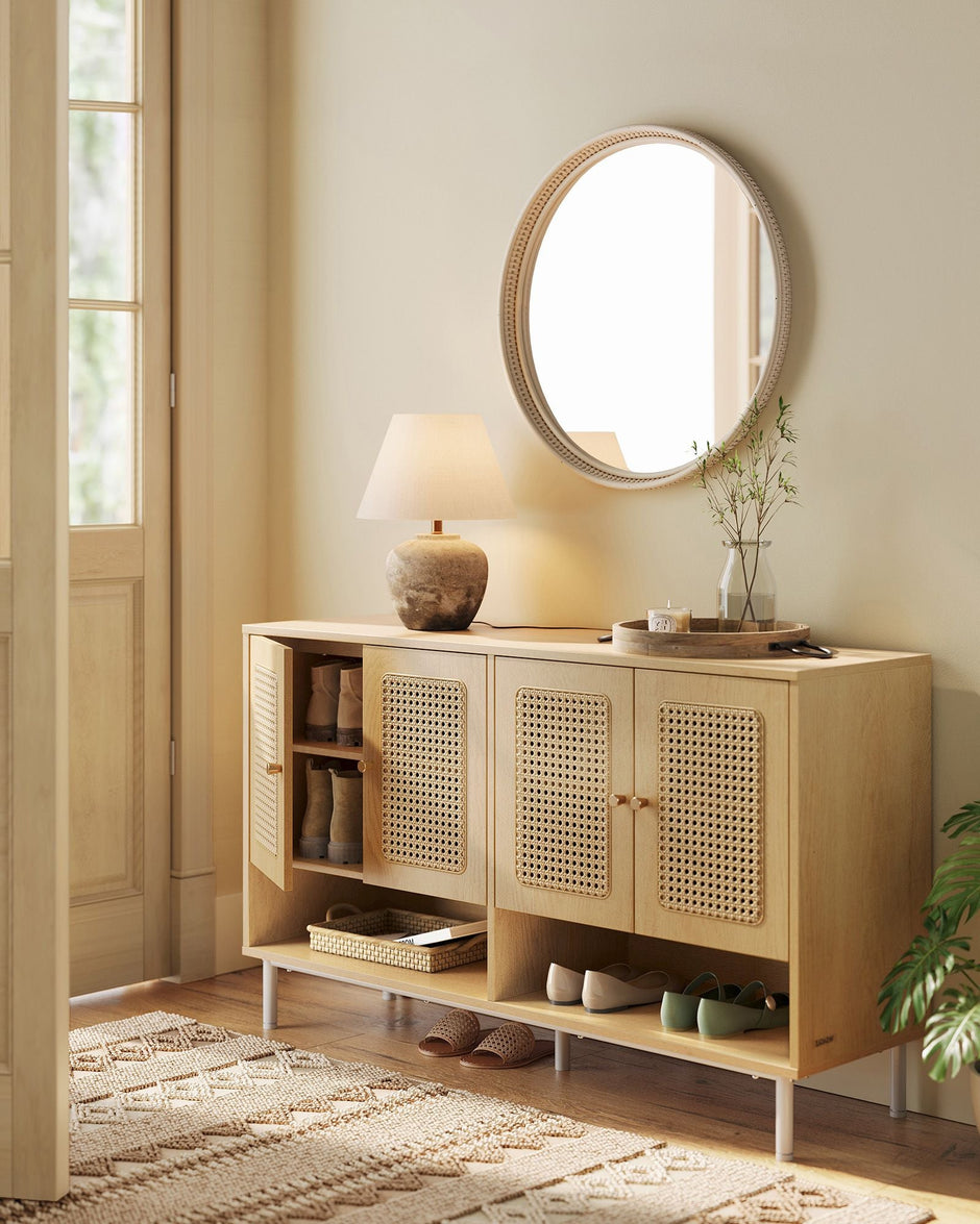 Shoe Cabinet – Engineered Wood – Oak Beige – 120 cm Wide with Rattan-Style Doors