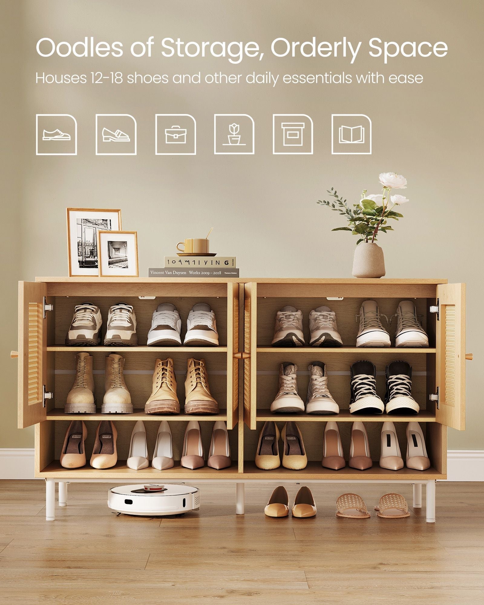 Shoe Cabinet – Engineered Wood – Oak Beige – 120 cm Wide with Rattan-Style Doors