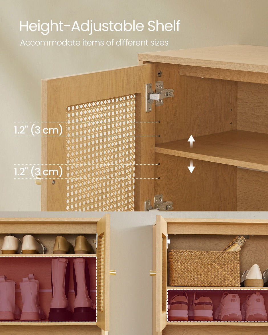 Shoe Cabinet – Engineered Wood – Oak Beige – 120 cm Wide with Rattan-Style Doors