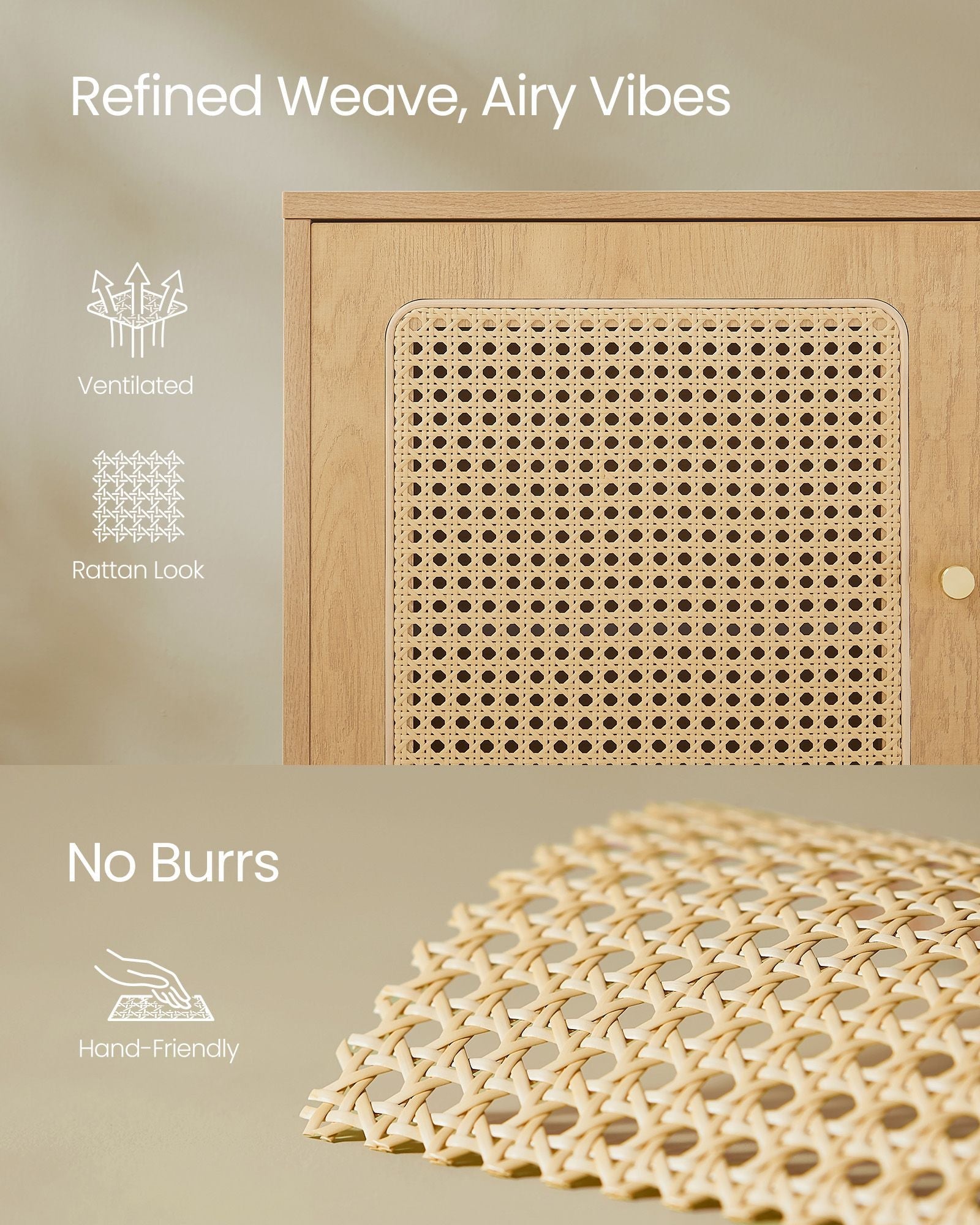 Shoe Cabinet – Engineered Wood – Oak Beige – 120 cm Wide with Rattan-Style Doors