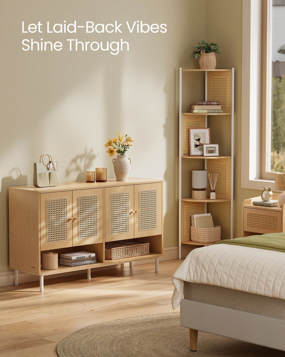 Shoe Cabinet – Engineered Wood – Oak Beige – 120 cm Wide with Rattan-Style Doors