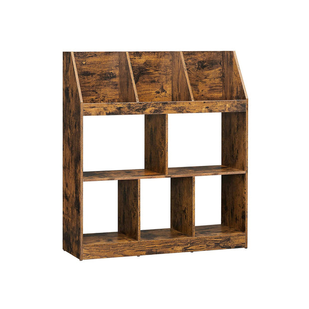 Wooden Bookcase – Rustic Brown – 5 Cubbyholes and 3 Book Organisers