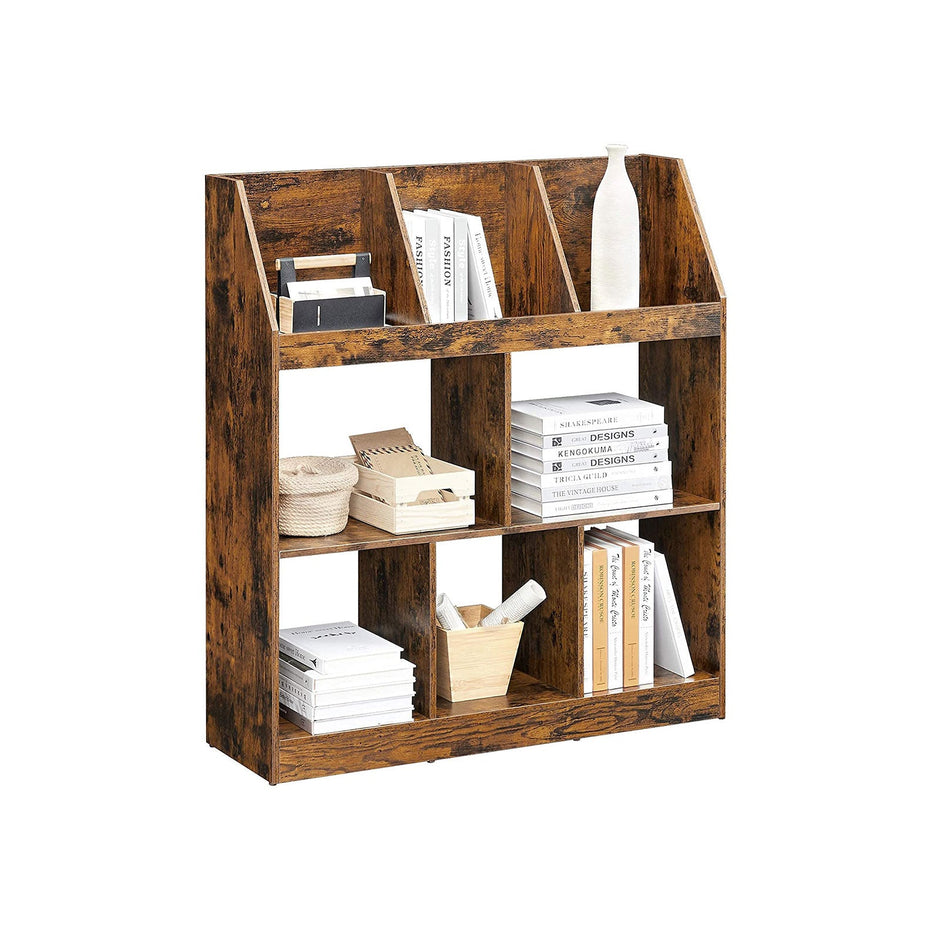 Wooden Bookcase – Rustic Brown – 5 Cubbyholes and 3 Book Organisers