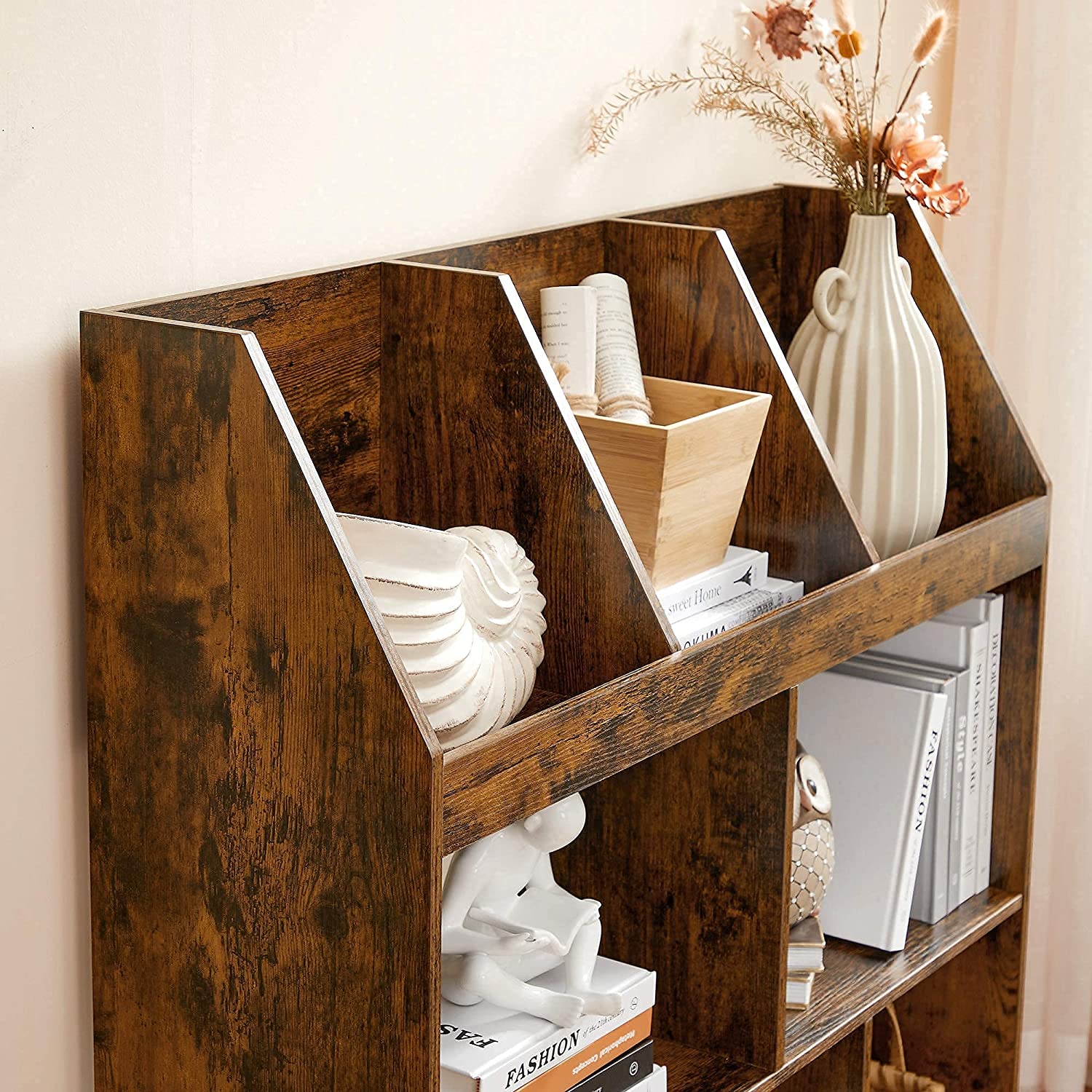 Wooden Bookcase – Rustic Brown – 5 Cubbyholes and 3 Book Organisers