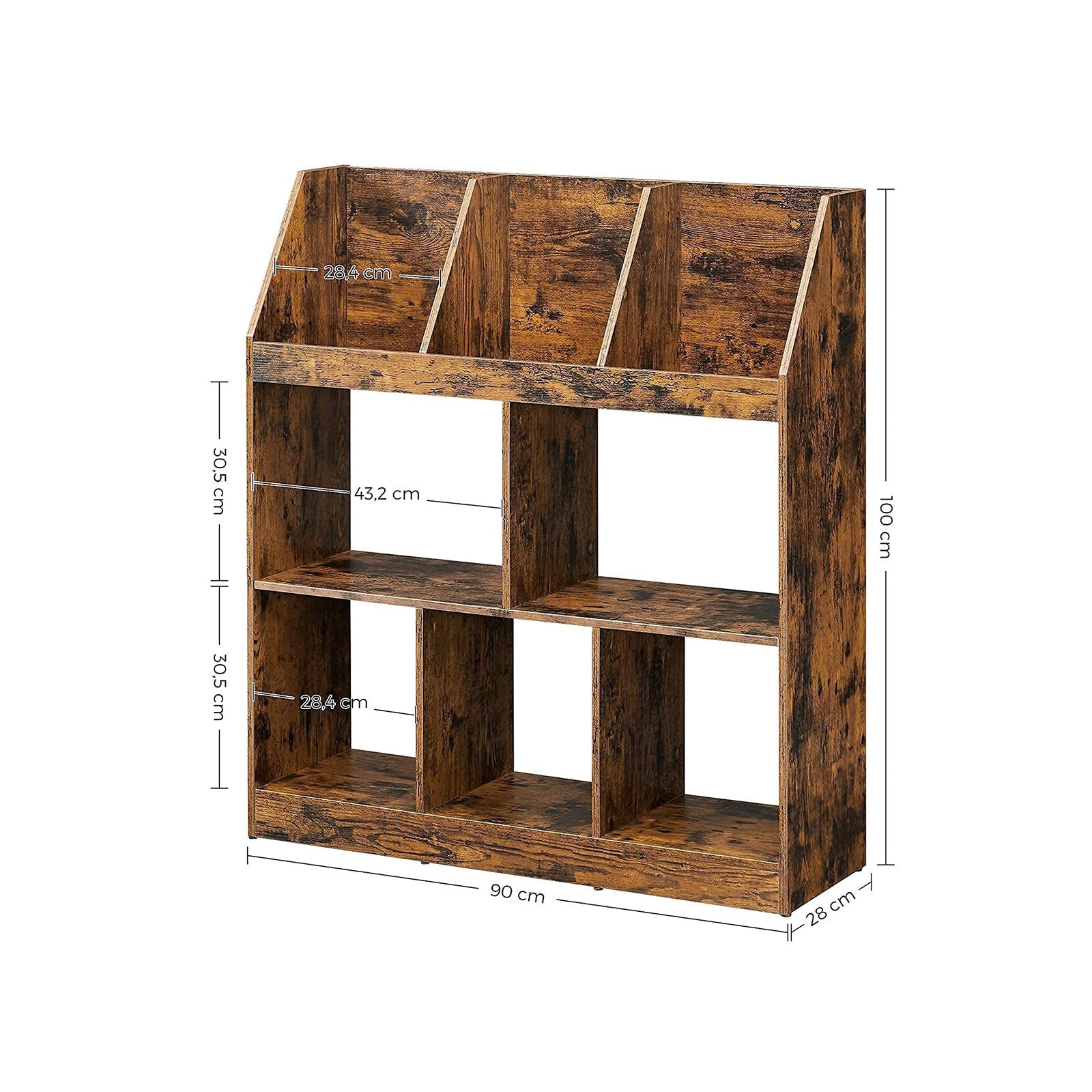 Wooden Bookcase – Rustic Brown – 5 Cubbyholes and 3 Book Organisers