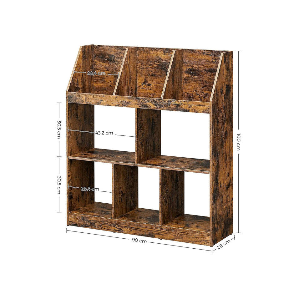 Wooden Bookcase – Rustic Brown – 5 Cubbyholes and 3 Book Organisers