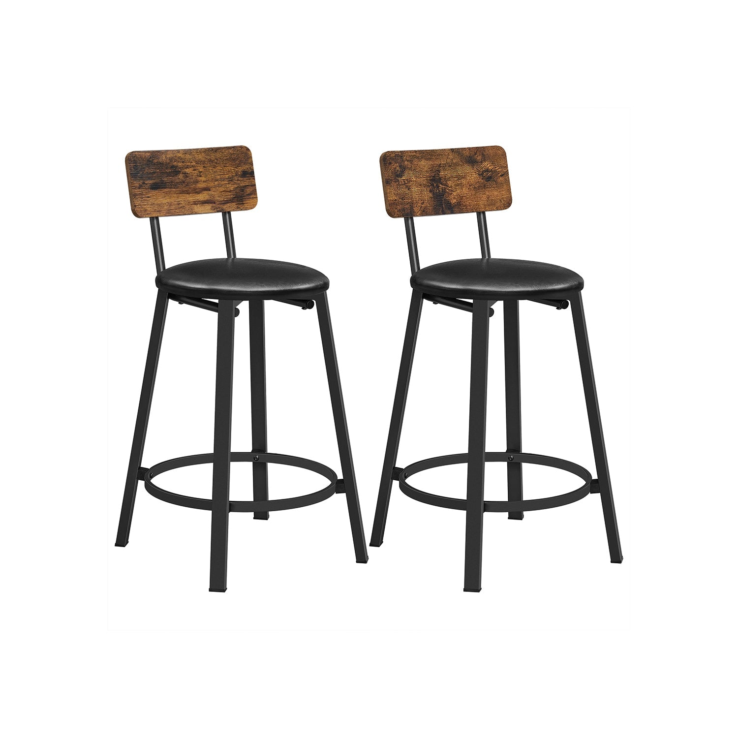 Set of 2 Bar Stools – PU Upholstered – Rustic Brown and Black – 75.4 cm Tall with Footrest