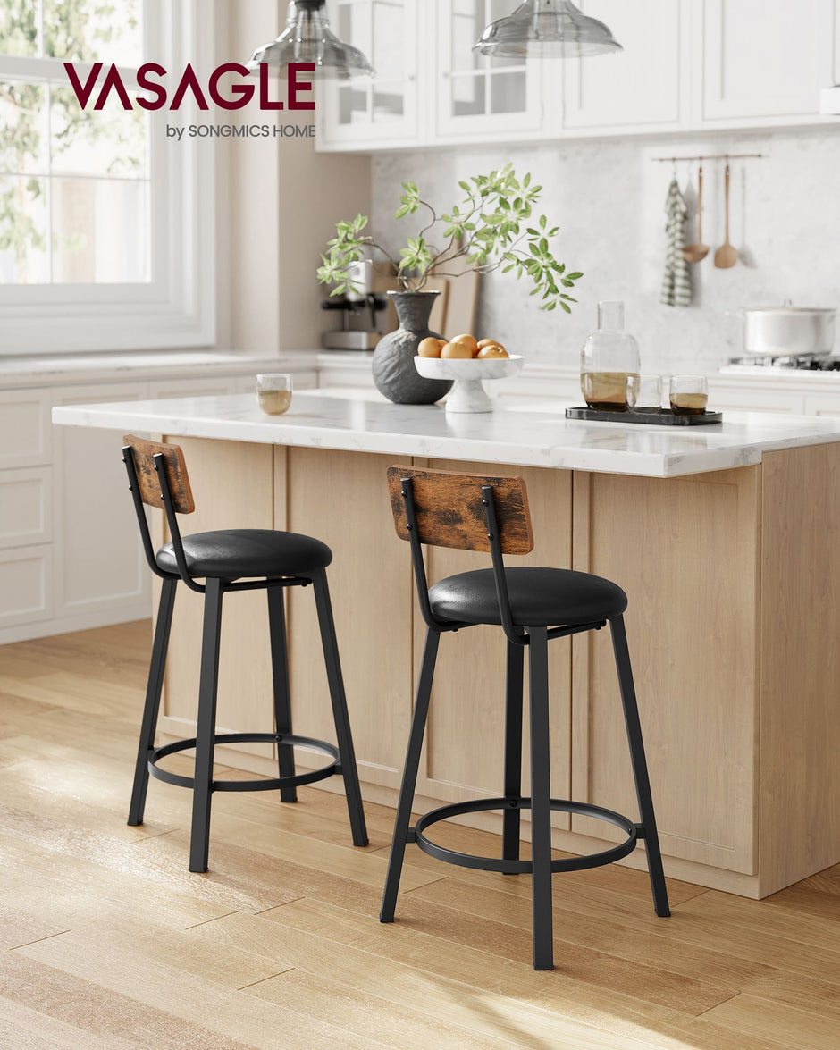 Set of 2 Bar Stools – PU Upholstered – Rustic Brown and Black – 75.4 cm Tall with Footrest