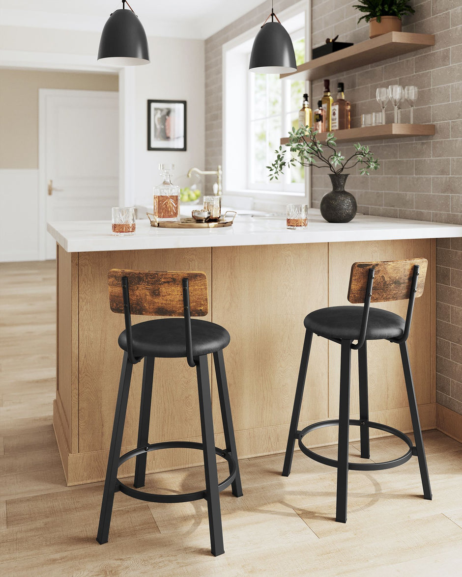 Set of 2 Bar Stools – PU Upholstered – Rustic Brown and Black – 75.4 cm Tall with Footrest