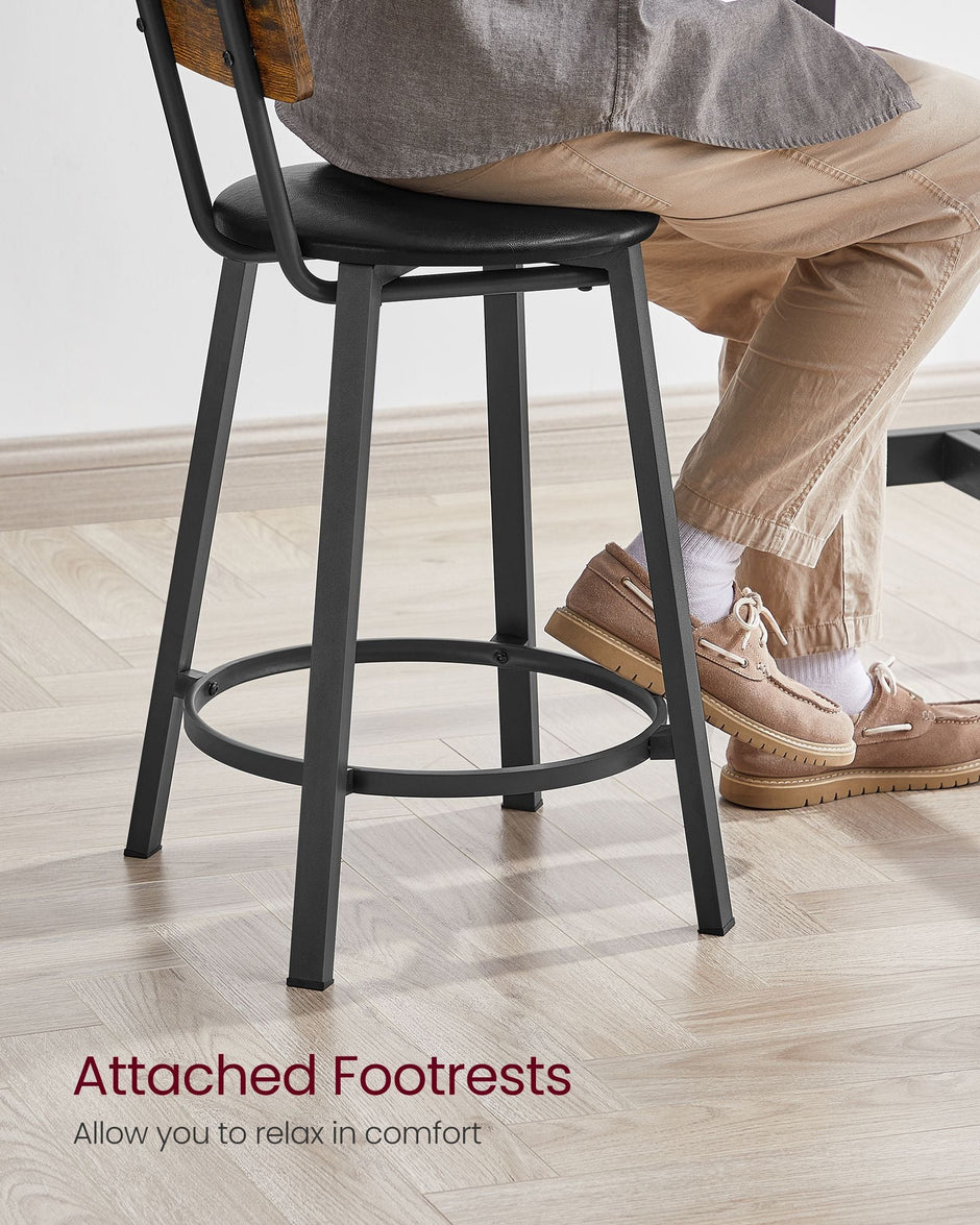 Set of 2 Bar Stools – PU Upholstered – Rustic Brown and Black – 75.4 cm Tall with Footrest