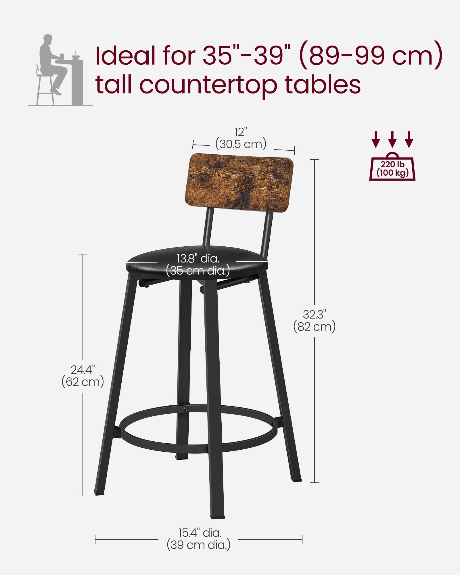 Set of 2 Bar Stools – PU Upholstered – Rustic Brown and Black – 75.4 cm Tall with Footrest