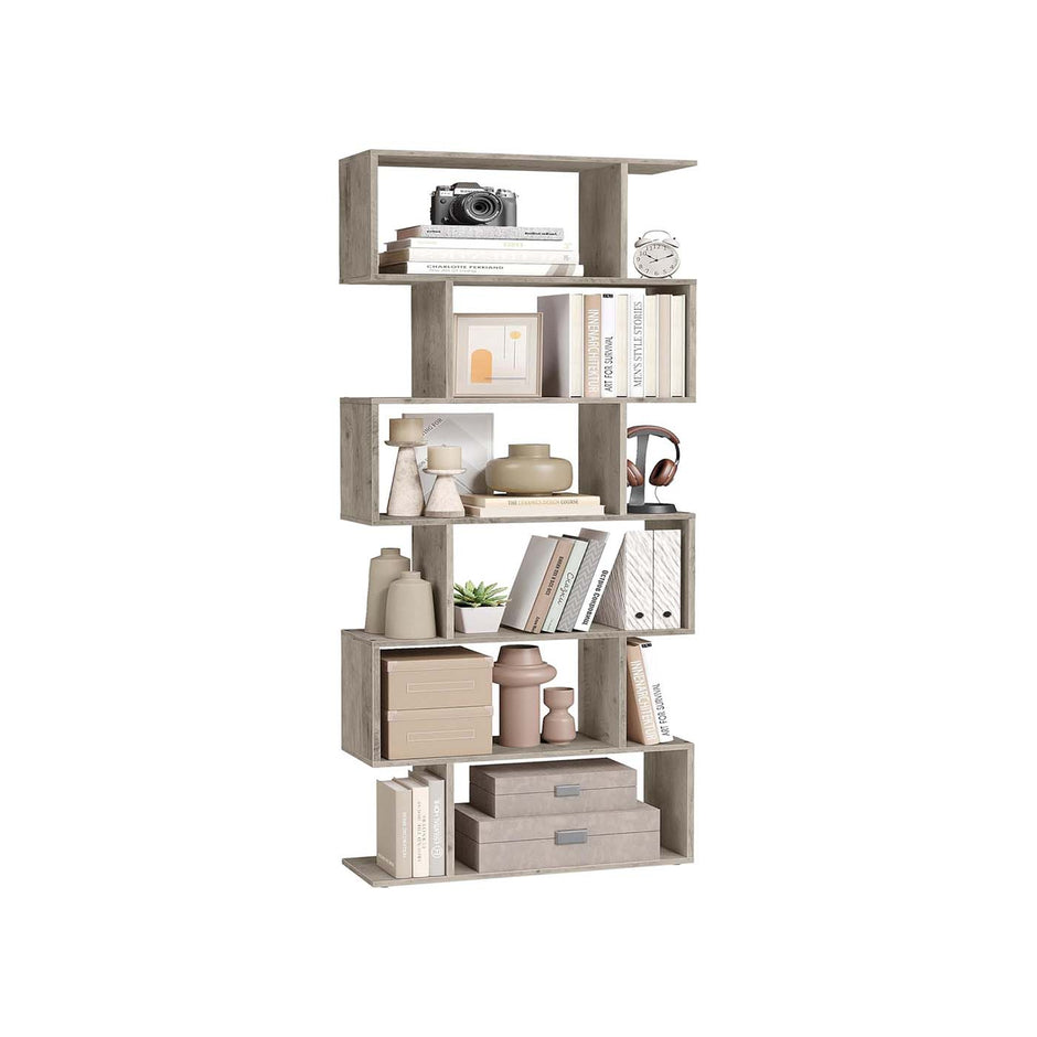 Wooden Bookcase – Greige – 6-Tier Design – Freestanding Room Divider