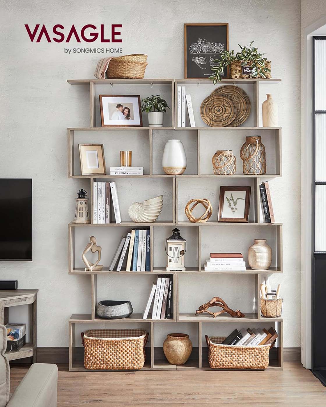 Wooden Bookcase – Greige – 6-Tier Design – Freestanding Room Divider