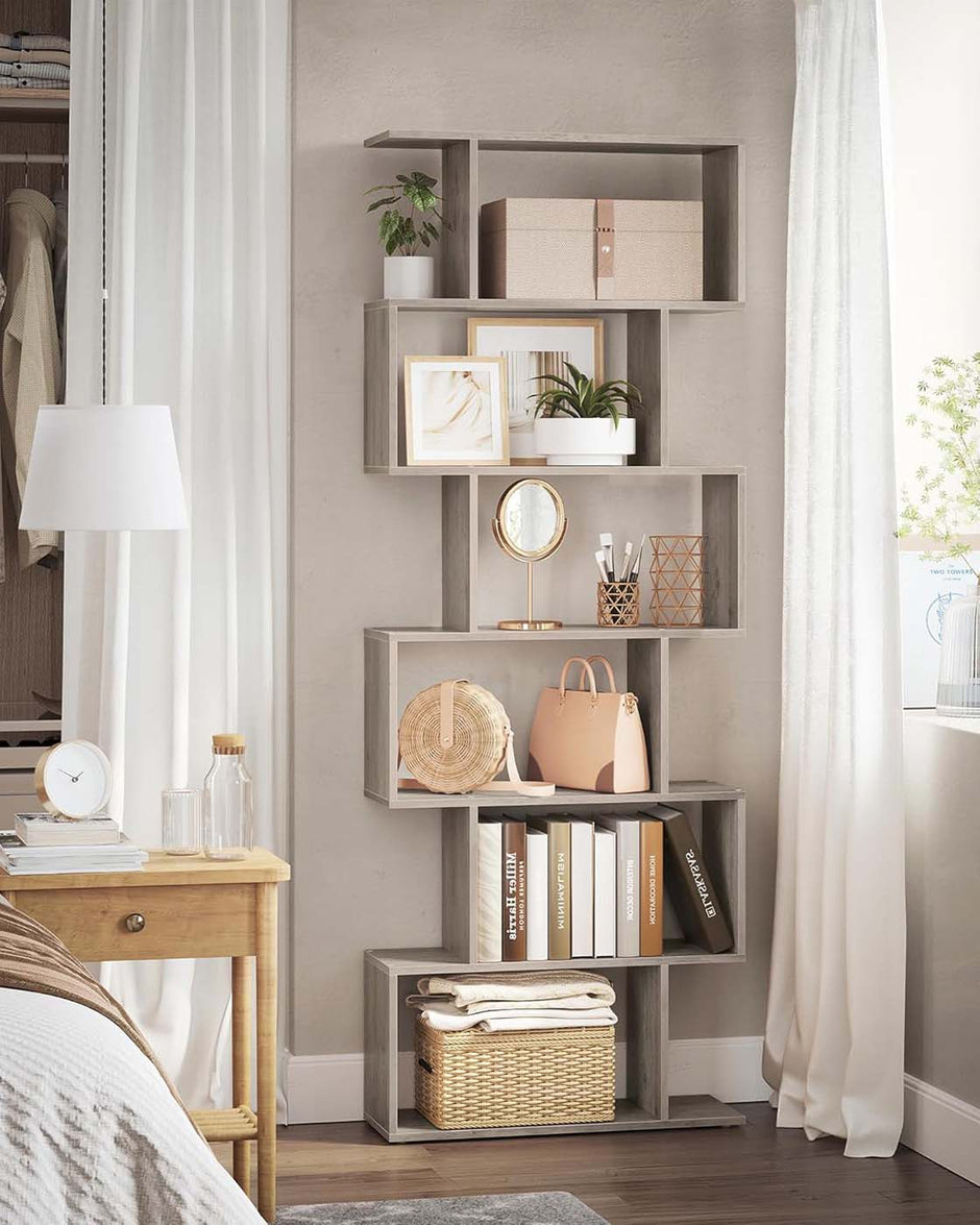 Wooden Bookcase – Greige – 6-Tier Design – Freestanding Room Divider