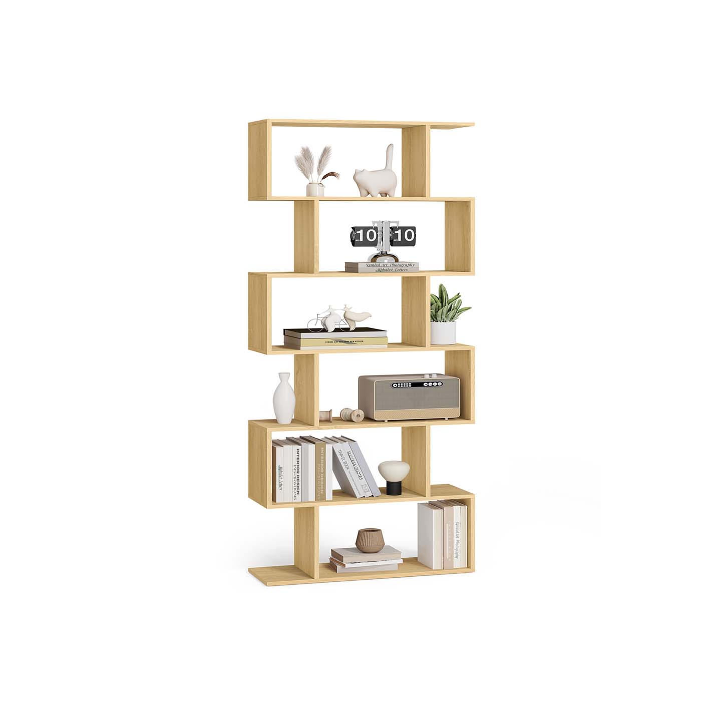 6-Tier Freestanding Cube Display Shelf – Wood – Natural Oak – Multi-Functional Room Divider