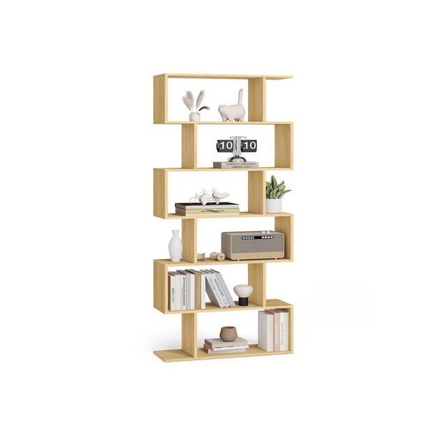 6-Tier Freestanding Cube Display Shelf – Wood – Natural Oak – Multi-Functional Room Divider