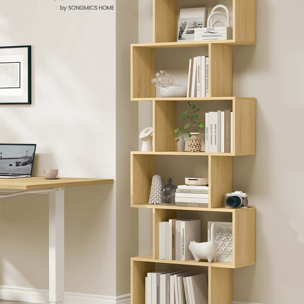 6-Tier Freestanding Cube Display Shelf – Wood – Natural Oak – Multi-Functional Room Divider