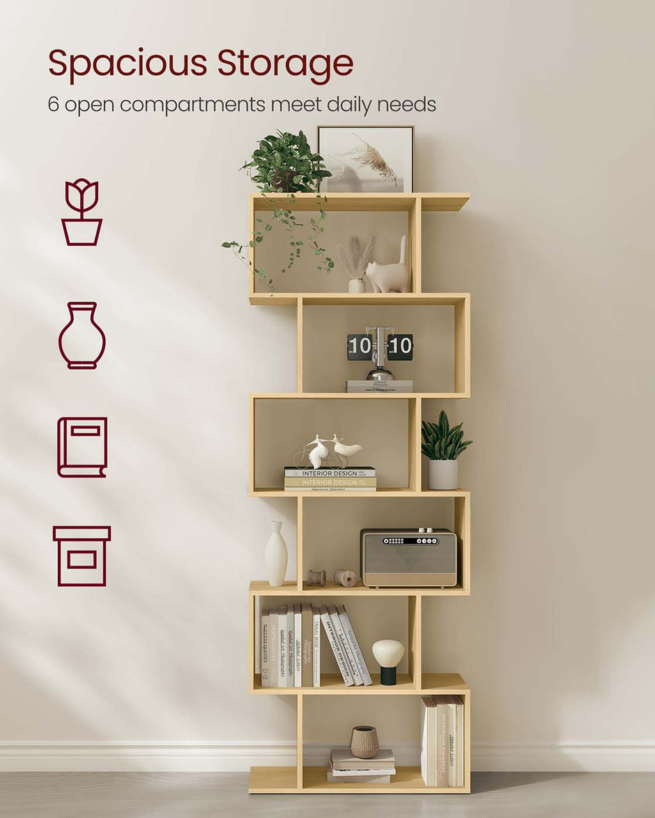 6-Tier Freestanding Cube Display Shelf – Wood – Natural Oak – Multi-Functional Room Divider
