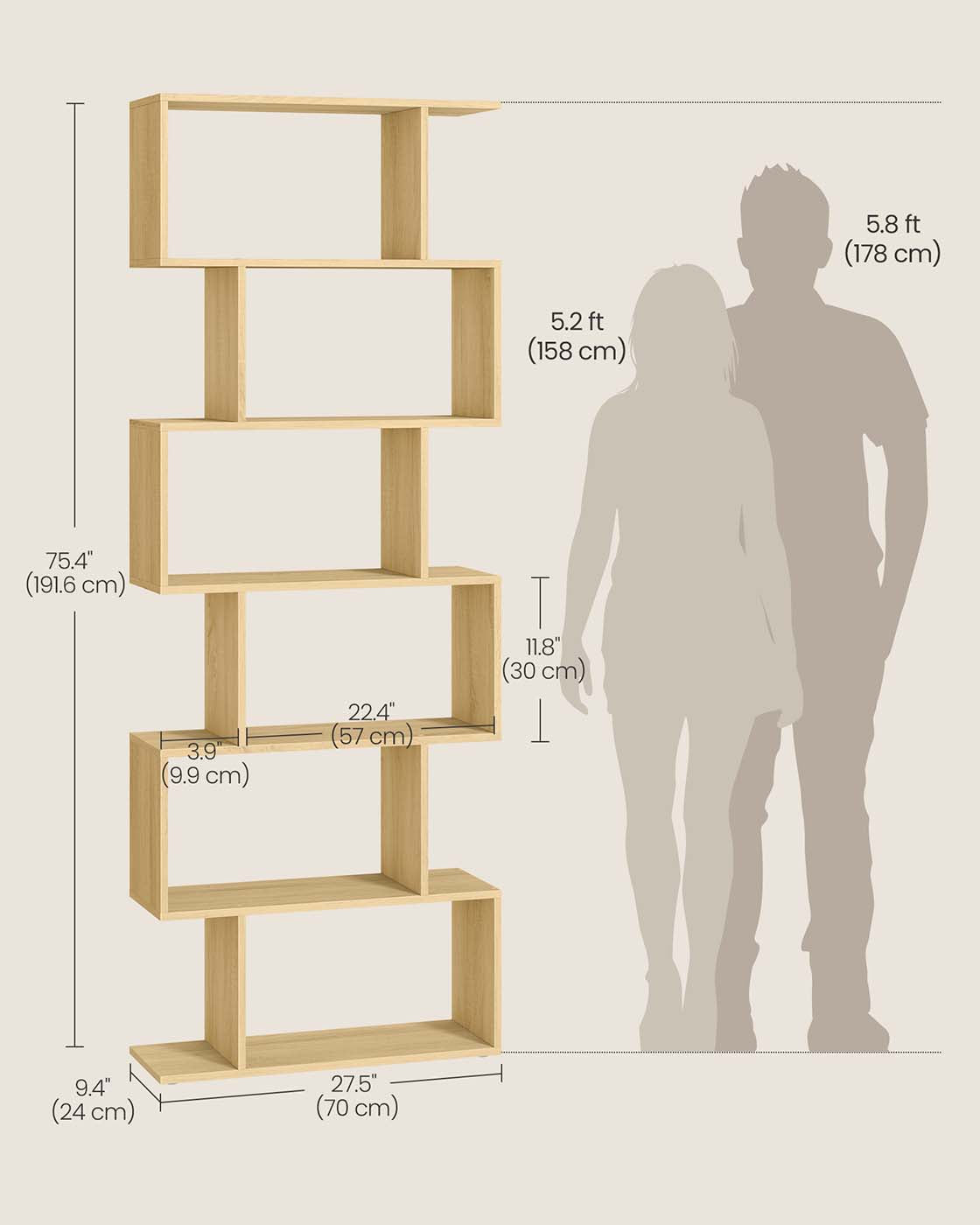6-Tier Freestanding Cube Display Shelf – Wood – Natural Oak – Multi-Functional Room Divider