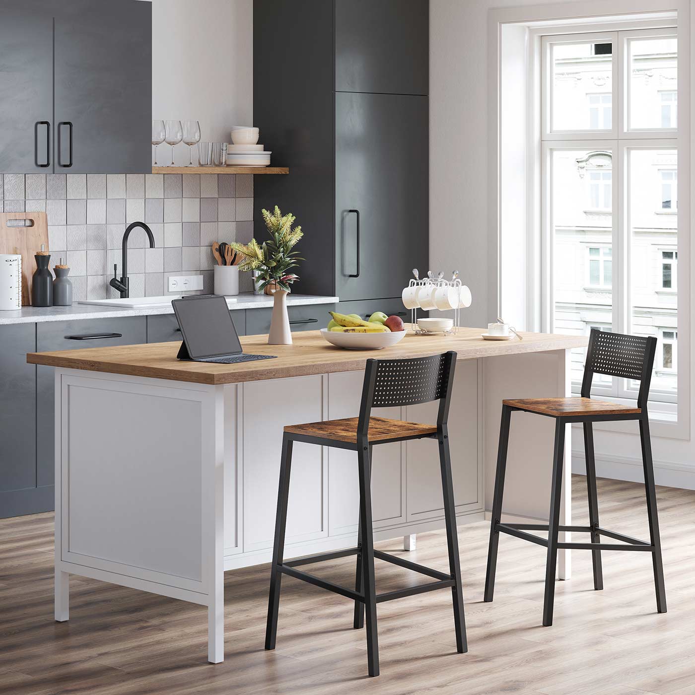 Bar Stool Set of 2 – Metal and Wood – Industrial Style – Counter Height