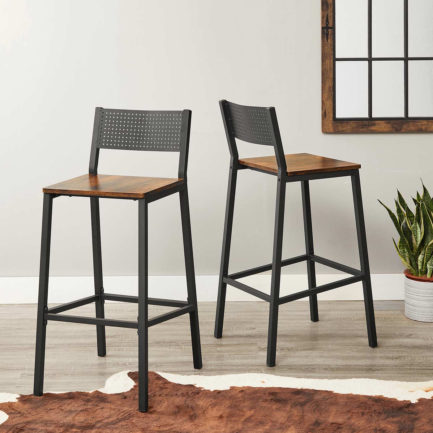 Bar Stool Set of 2 – Metal and Wood – Industrial Style – Counter Height