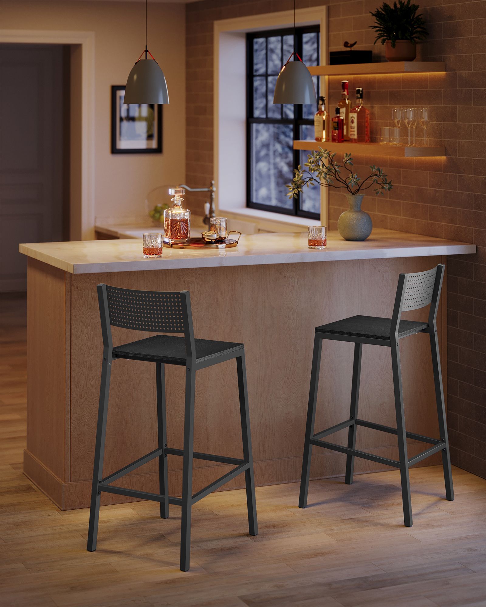 Set of 2 Kitchen Bar Stools – Metal and Fabric – Charcoal Gray and Black – Industrial Style