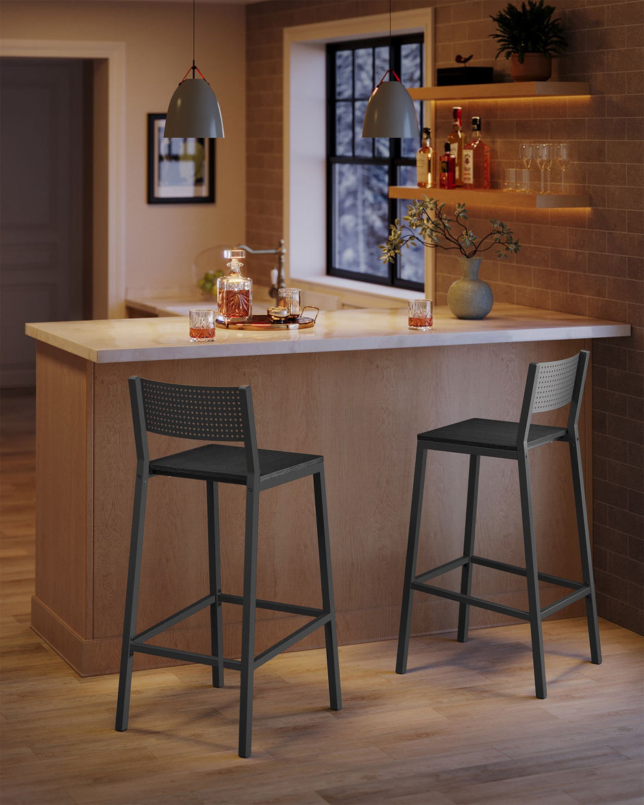 Set of 2 Kitchen Bar Stools – Metal and Fabric – Charcoal Gray and Black – Industrial Style