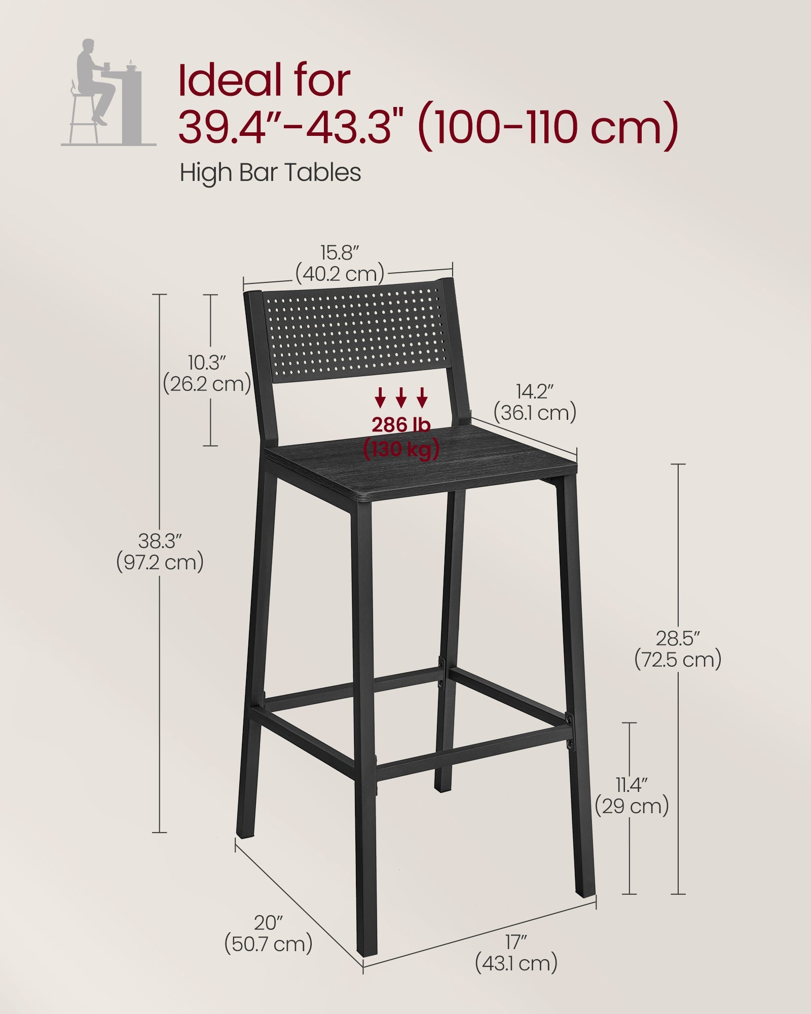 Set of 2 Kitchen Bar Stools – Metal and Fabric – Charcoal Gray and Black – Industrial Style