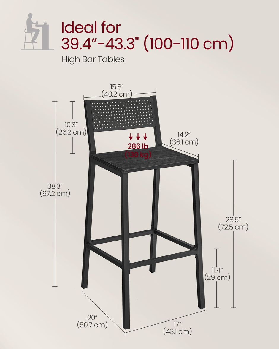 Set of 2 Kitchen Bar Stools – Metal and Fabric – Charcoal Gray and Black – Industrial Style