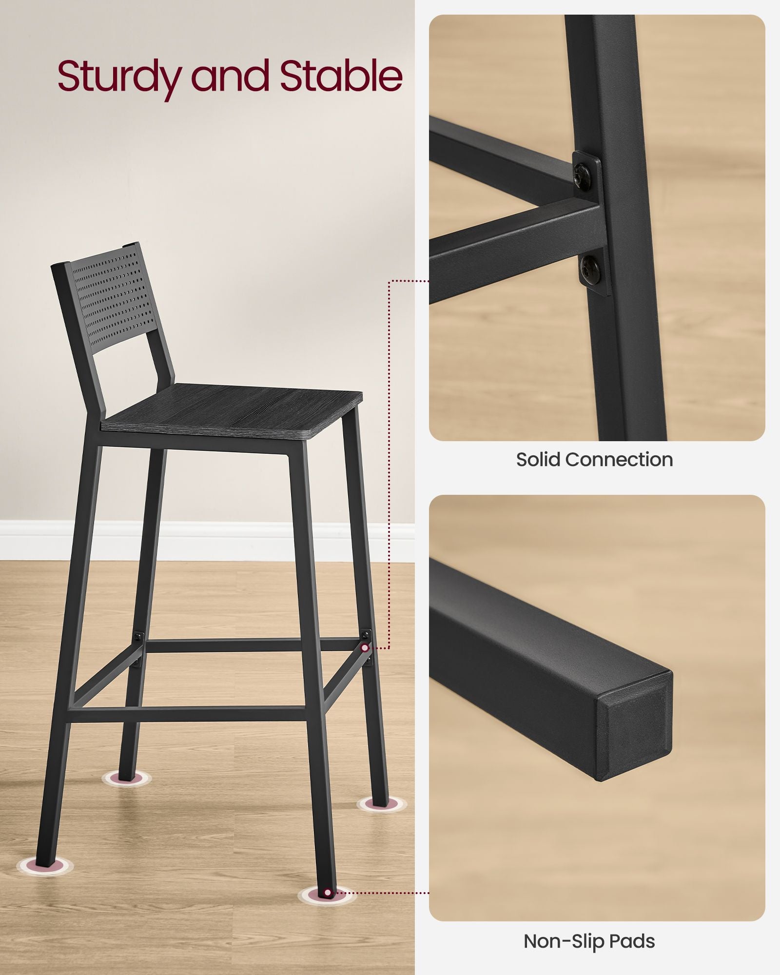Set of 2 Kitchen Bar Stools – Metal and Fabric – Charcoal Gray and Black – Industrial Style