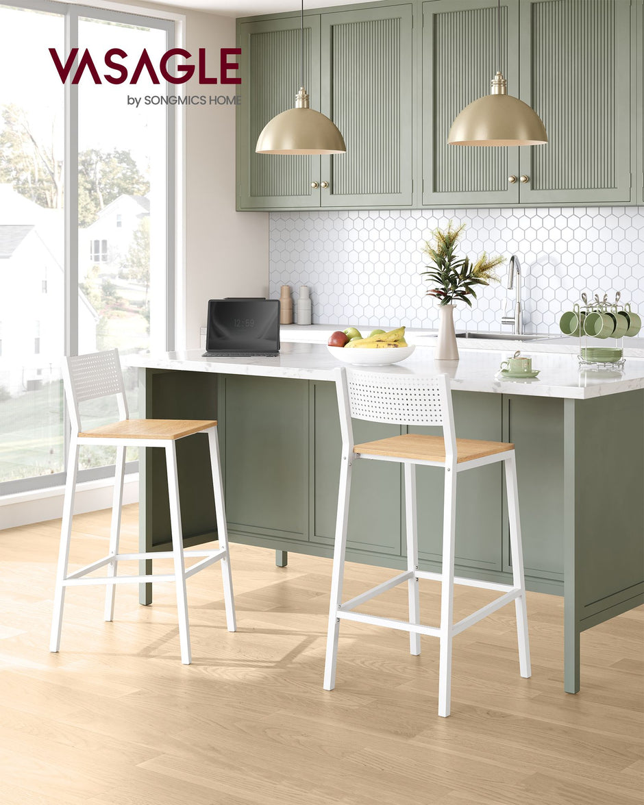 Set of 2 Kitchen Bar Stools – Oak – Beige and White – Industrial Style