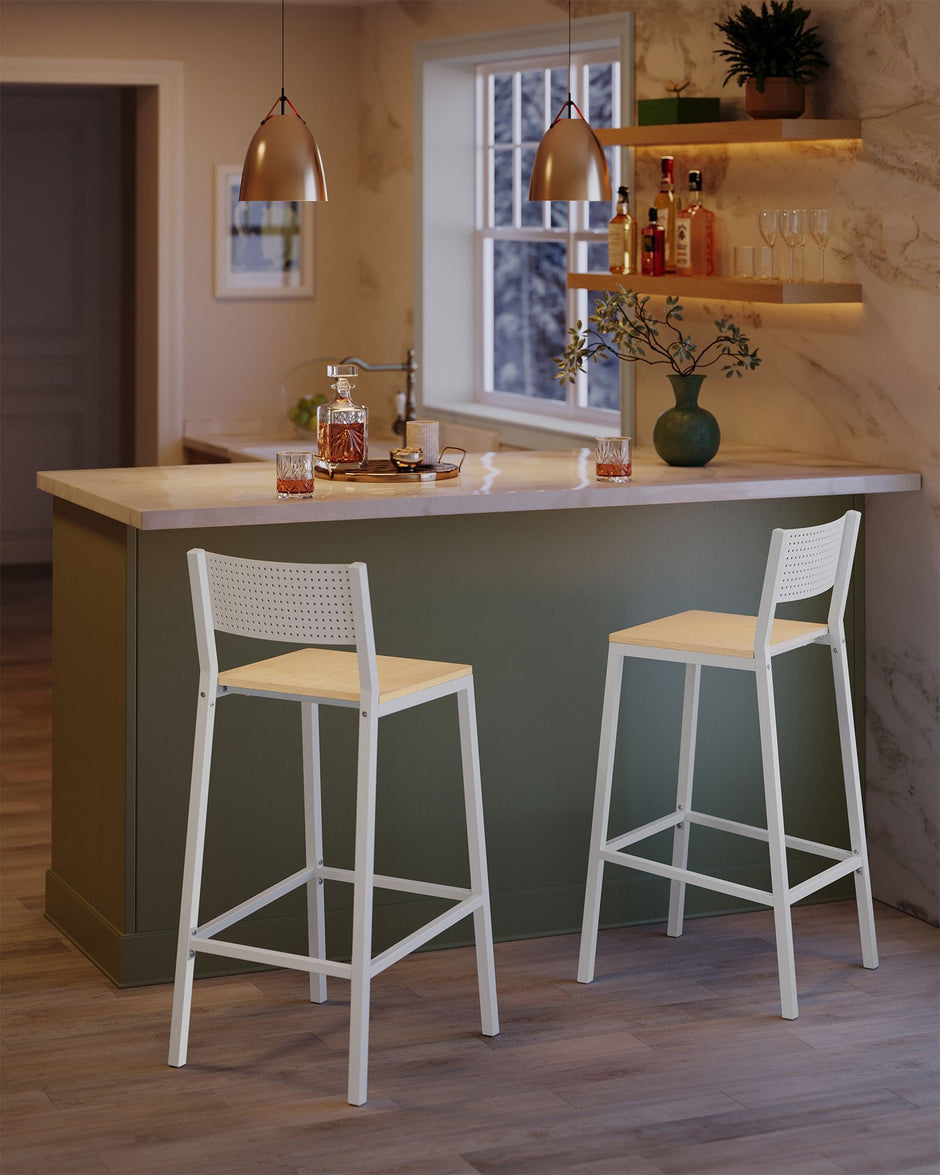 Set of 2 Kitchen Bar Stools – Oak – Beige and White – Industrial Style