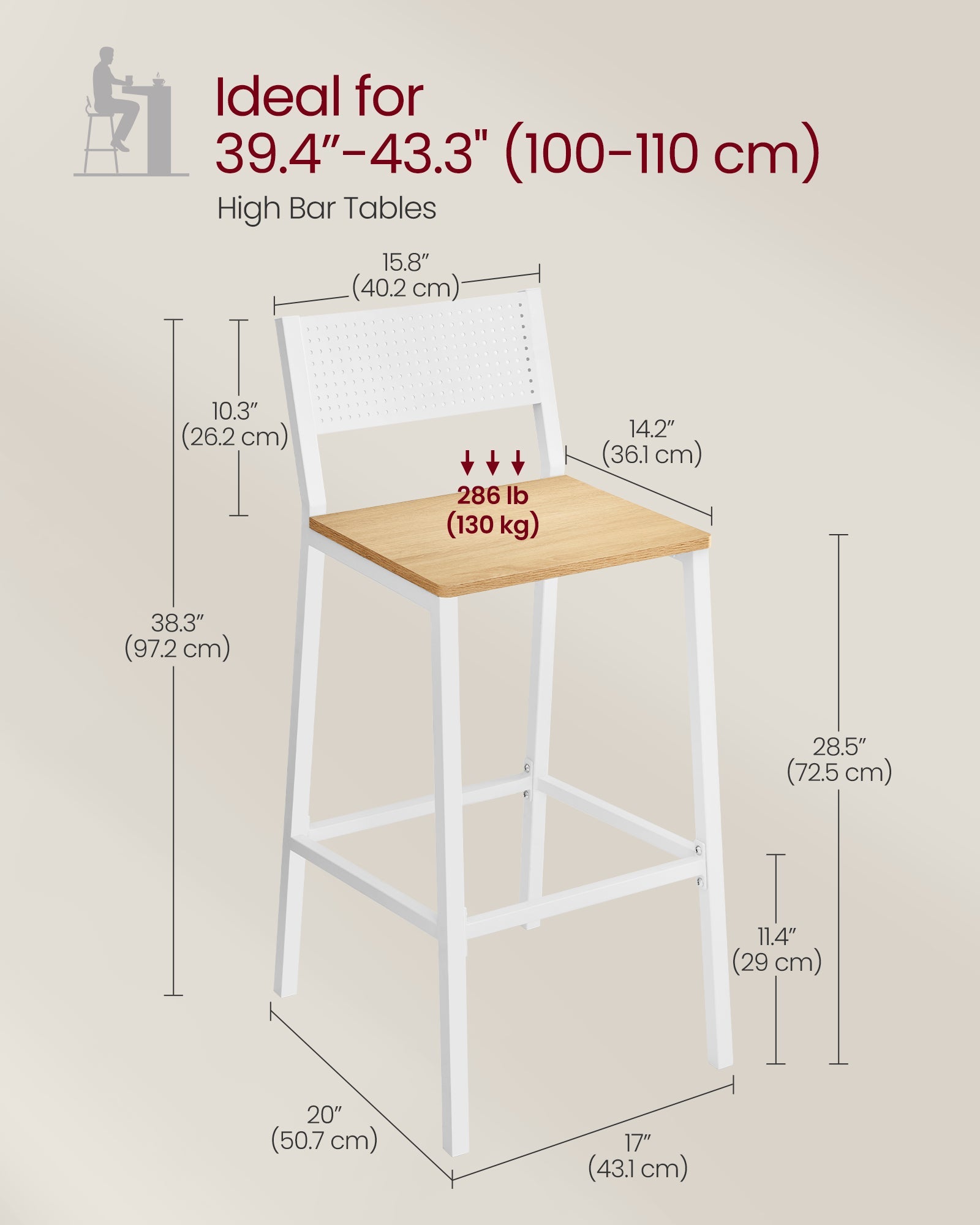 Set of 2 Kitchen Bar Stools – Oak – Beige and White – Industrial Style